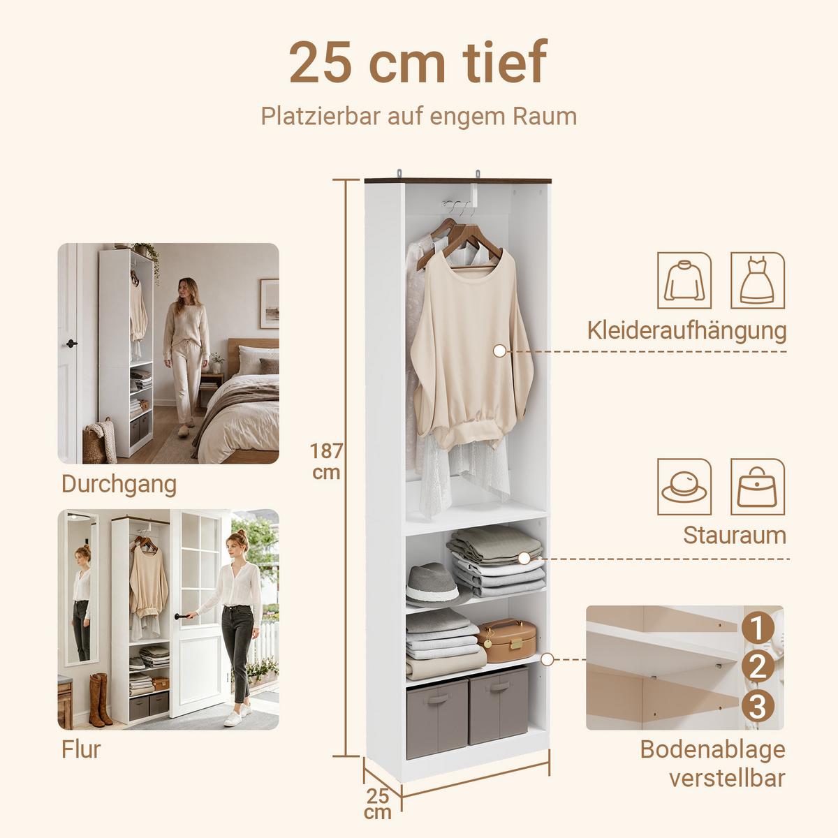 OFFENER Kleiderschrank mit Kleiderstange KSB02-W - Ahornfarben, Fell (55/187/25cm) - SoBuy