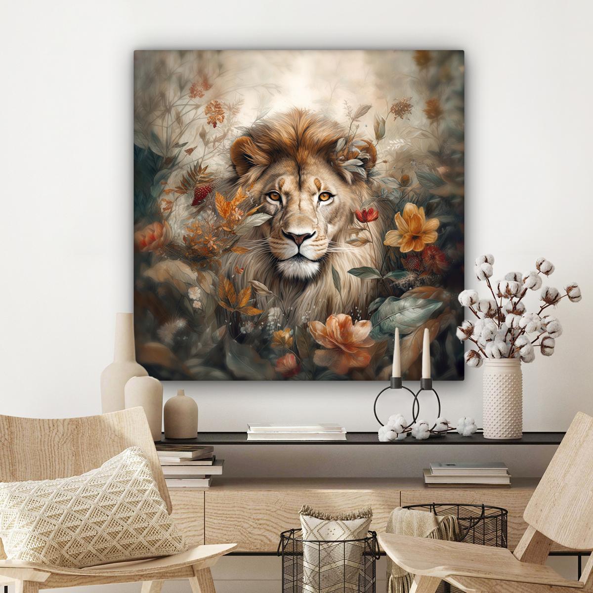 LEINWANDBILD Löwe - Wildtiere - Pflanzen - Natur - Blumen Deko Groß 90x90 cm - Beige, Textil (90/90cm) - MuchoWow