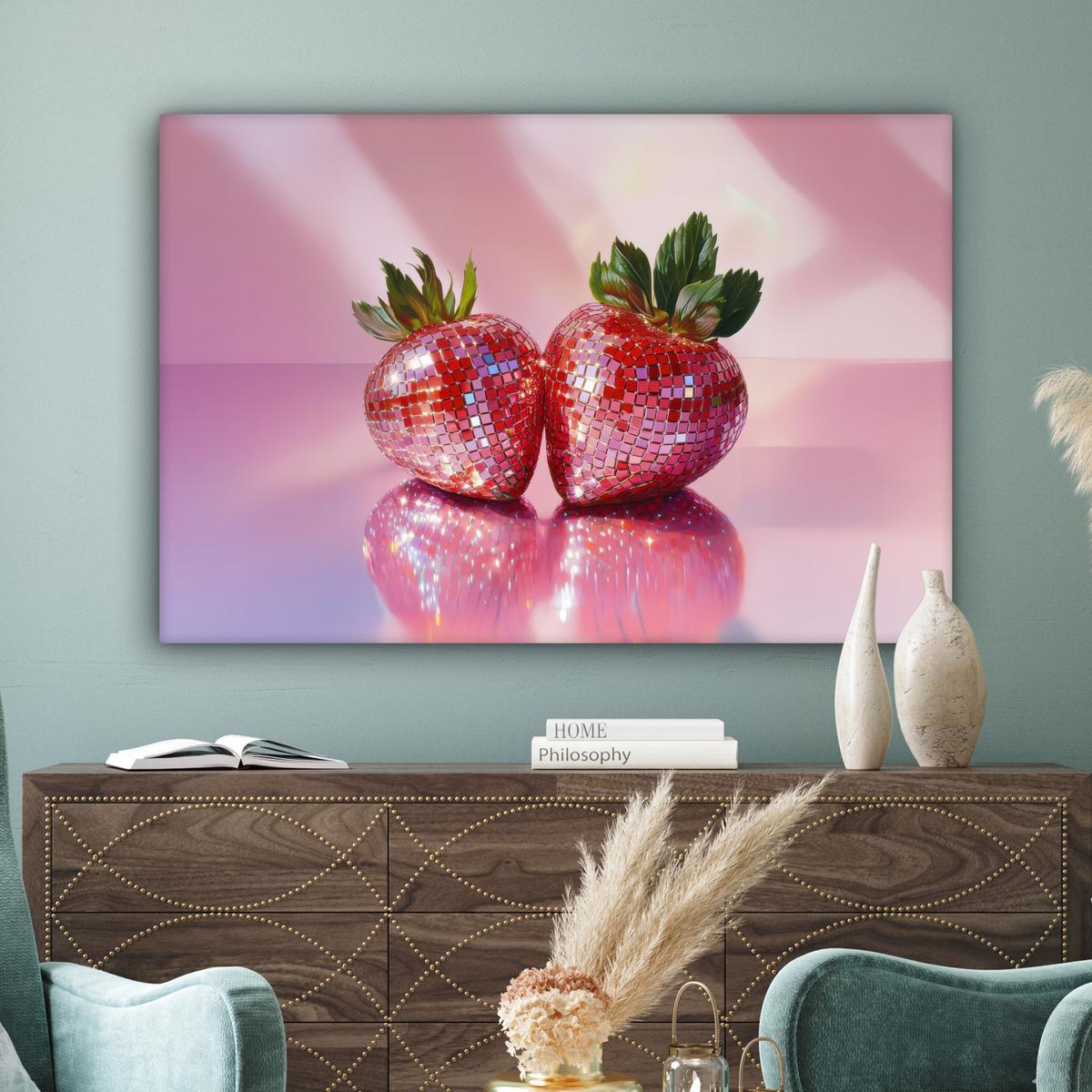 LEINWANDBILD Disco - Obst - Glitzer - Erdbeere XXL 150x100 cm - Pink, Textil (150/100cm) - MuchoWow