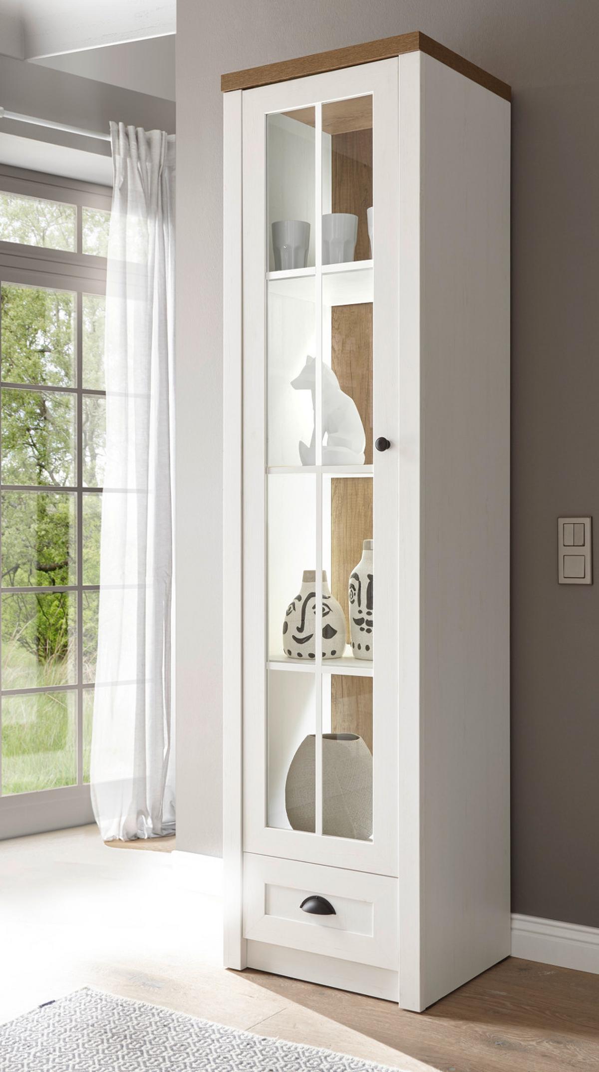 VITRINE weiß Pinie, Eiche hell Landhaus, Vitrinenschrank 50 x 198 cm - Eichefarben/Anthrazit, Holzwerkstoff/Metall (50/198/43cm) - Furn.Design