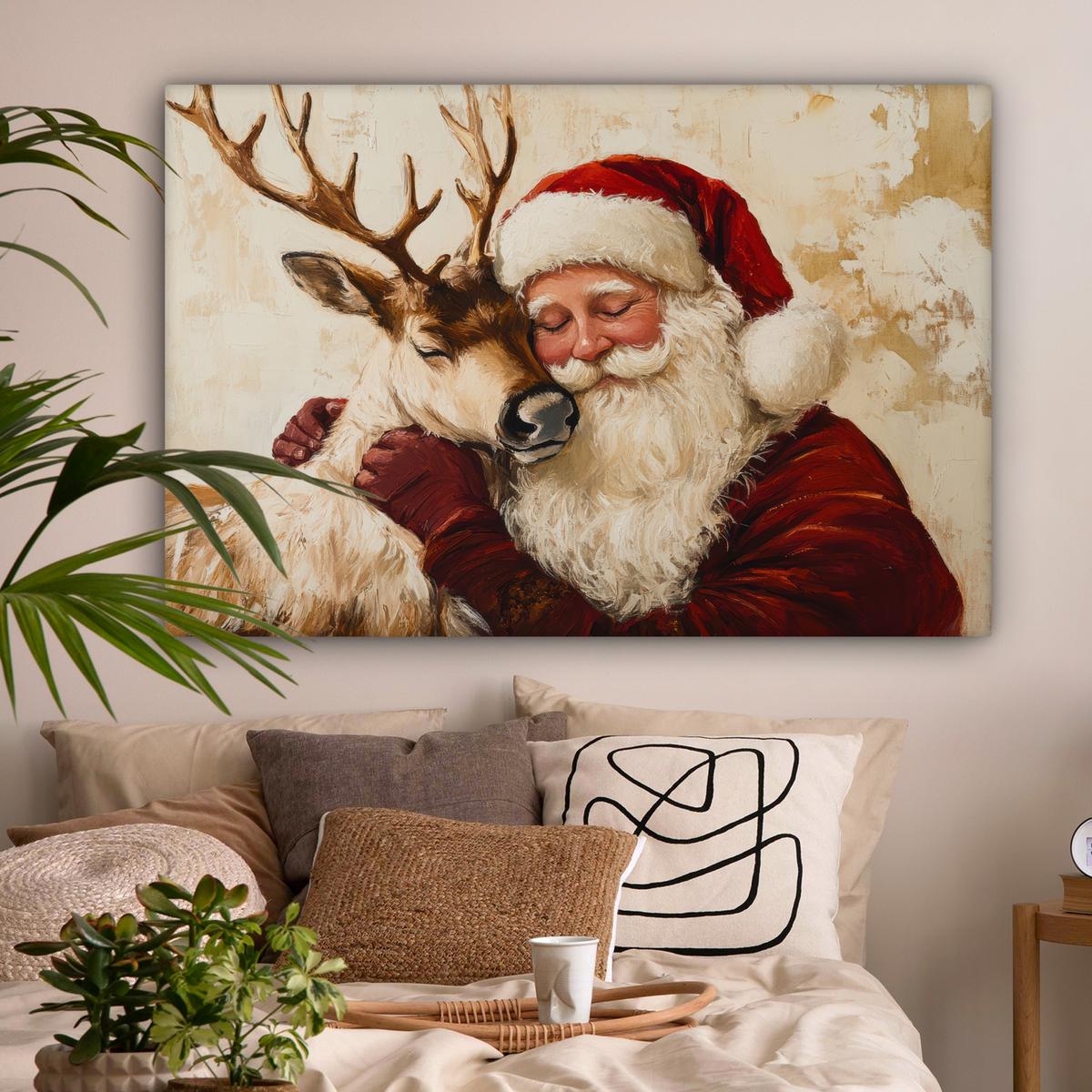 LEINWANDBILD Weihnachtsmann - Rentier - Weihnachten XXL 150x100 cm - Rotbraun, Textil (150/100cm) - MuchoWow