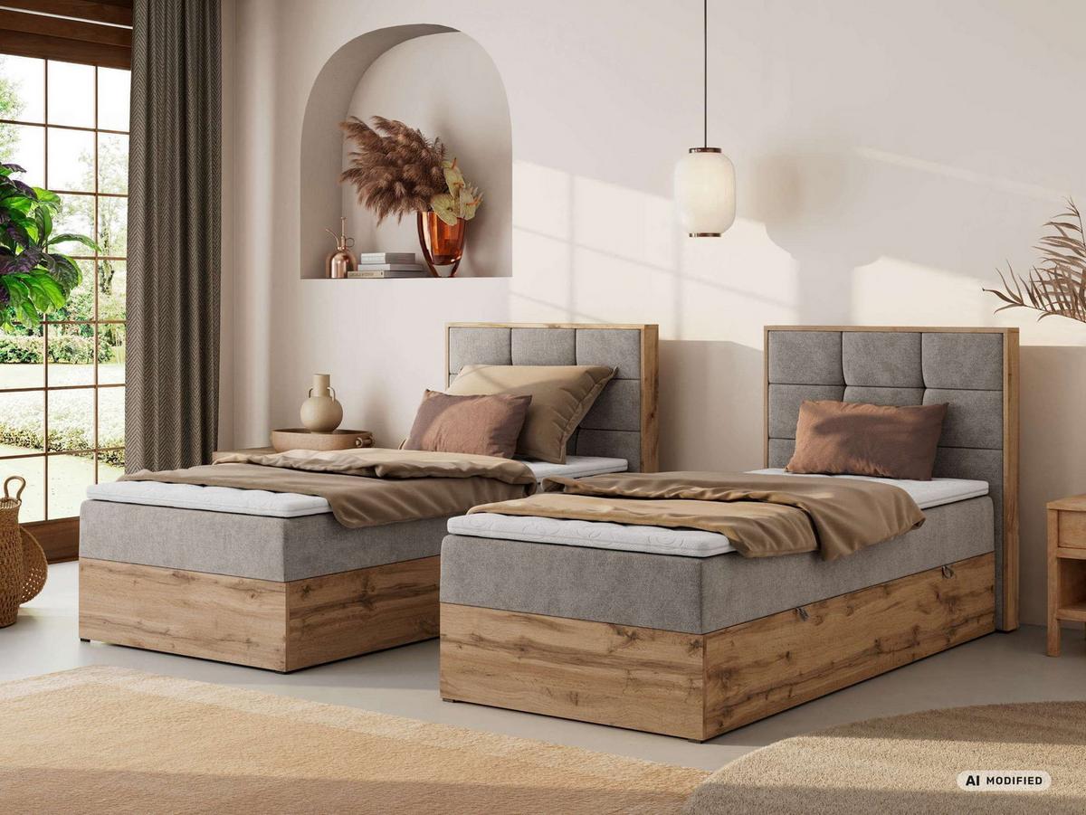 BOXBETT ALBERO 1 90/200 - Greige Stukture - Topper Visco - H3 - Rechts - Greige/Schwarz, Kunststoff/Textil (90/200cm) - MKS