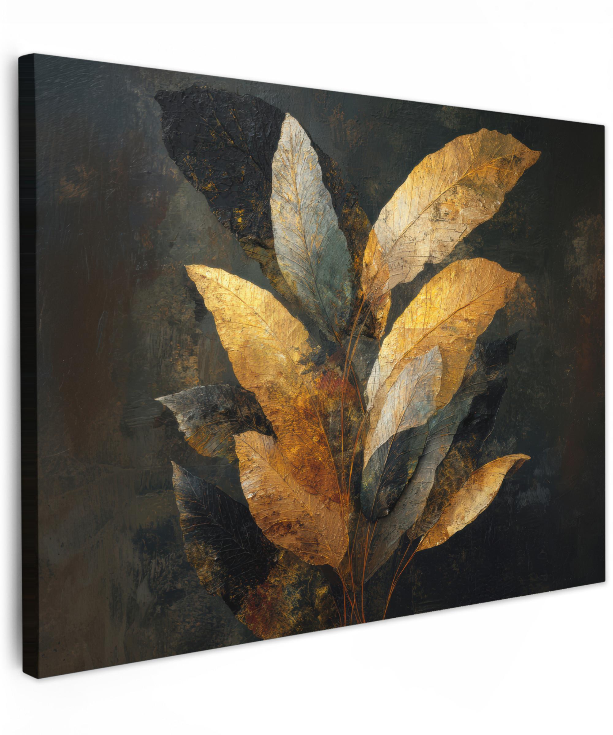 LEINWANDBILD Golden Leaf Komposition - Botanical Luxury Wandbild 40x30 cm - Goldfarben/Schwarz, Textil (40/30cm) - MuchoWow