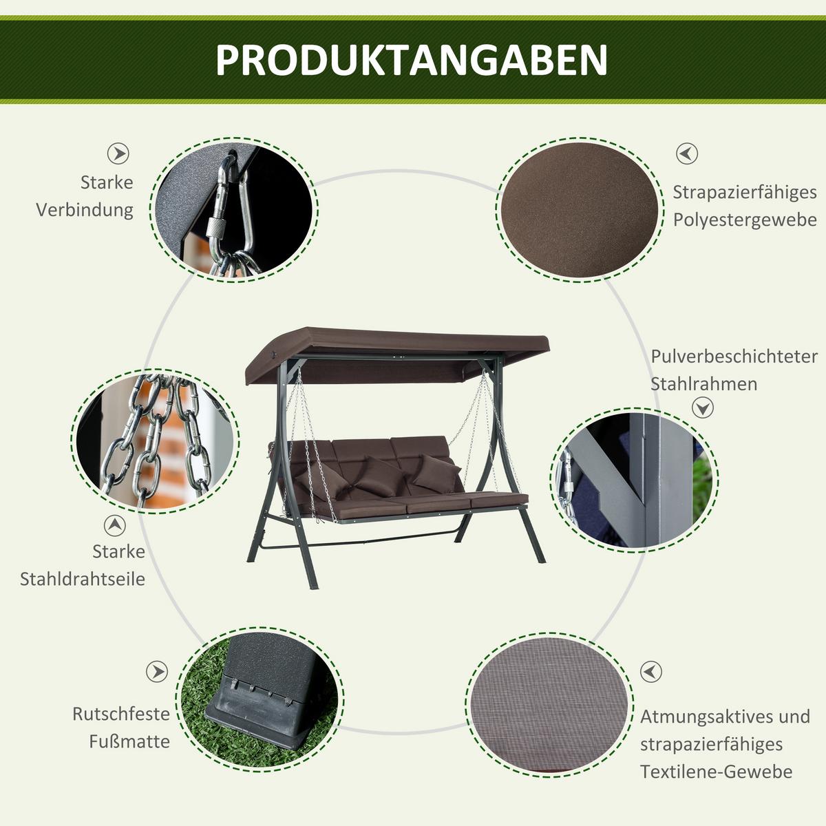 HOLLYWOODSCHAUKEL 3-Sitzer Gartenschaukel Verstellbares Dach Texteline Braun - Braun, Metall (118/168/198cm) - Outsunny
