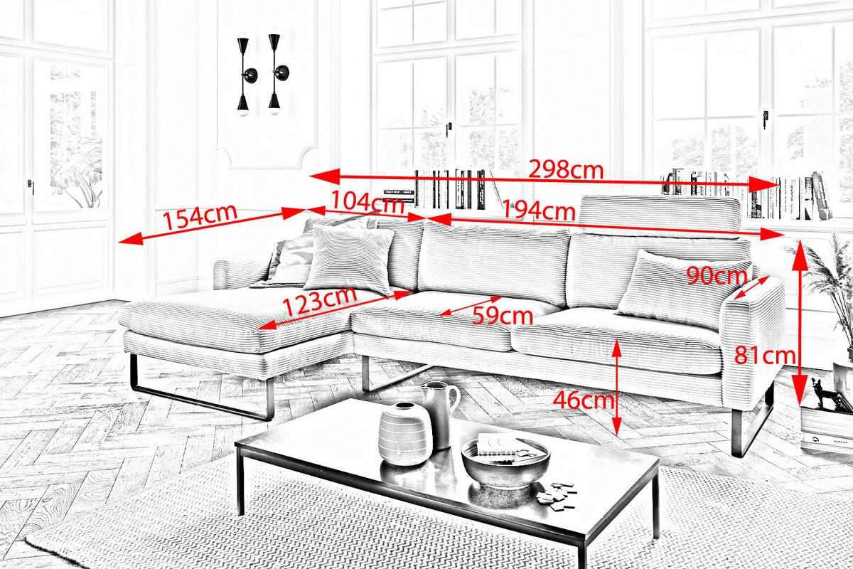 ECKSOFA RICARDA Grau Cord - Schwarz/Grau, Textil/Metall (298/154cm) - KAWOLA