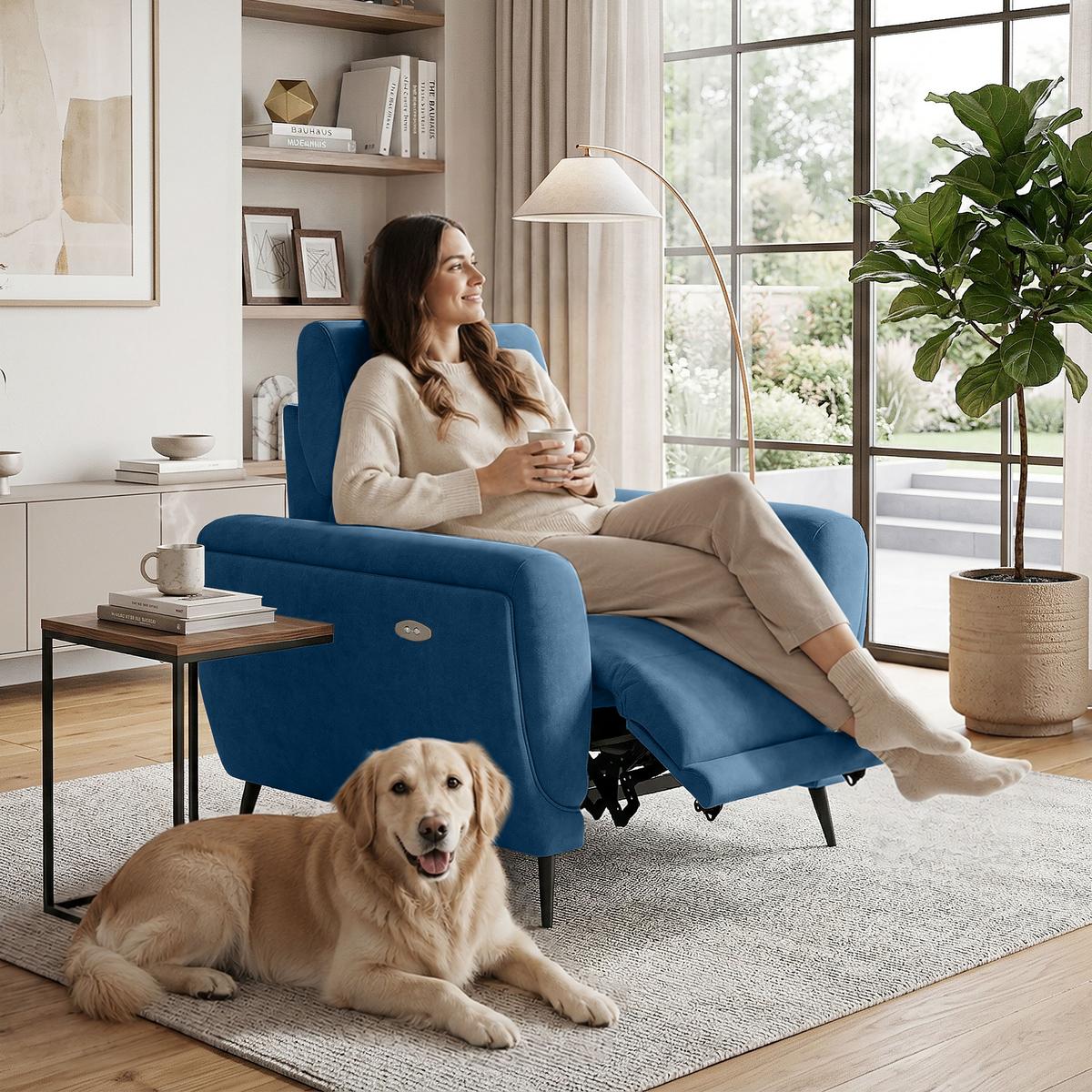 RELAXSESSEL Comfort, mit elektrischer Verstellung und verstellbarer Kopfstütze, Blau - Blau/Schwarz, Textil (103/97/102cm) - Beautysofa