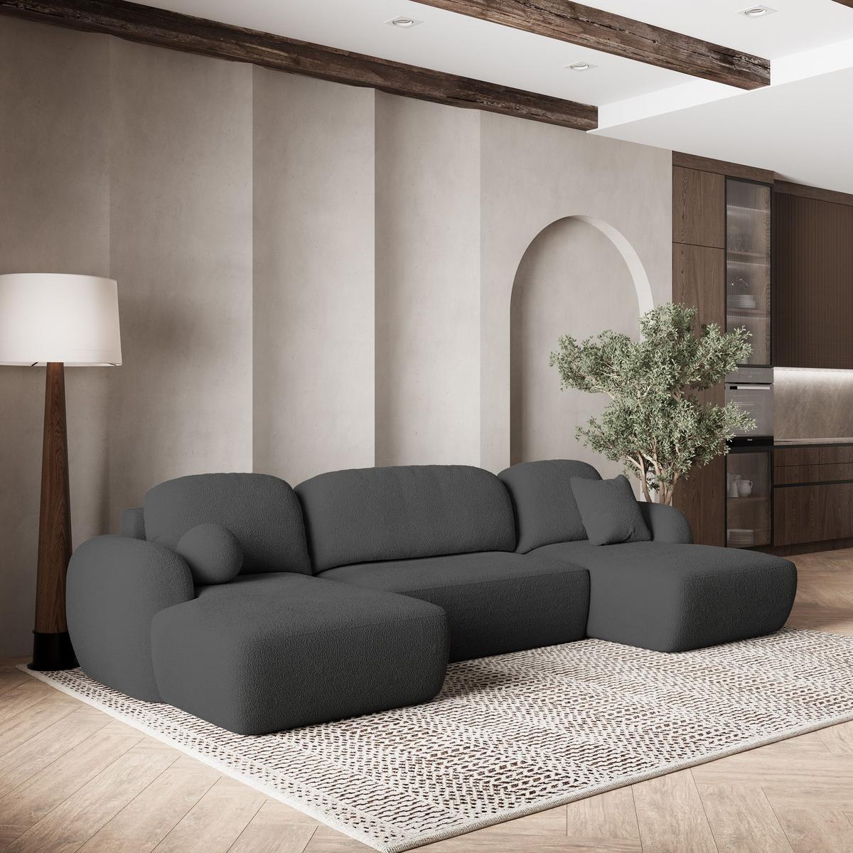 WOHNLANDSCHAFT SAVONA N Grau Boucle-Stoff mit Schlaffunktion - Schwarz/Grau, Holz/Kunststoff (320/90/148cm) - MASSENO