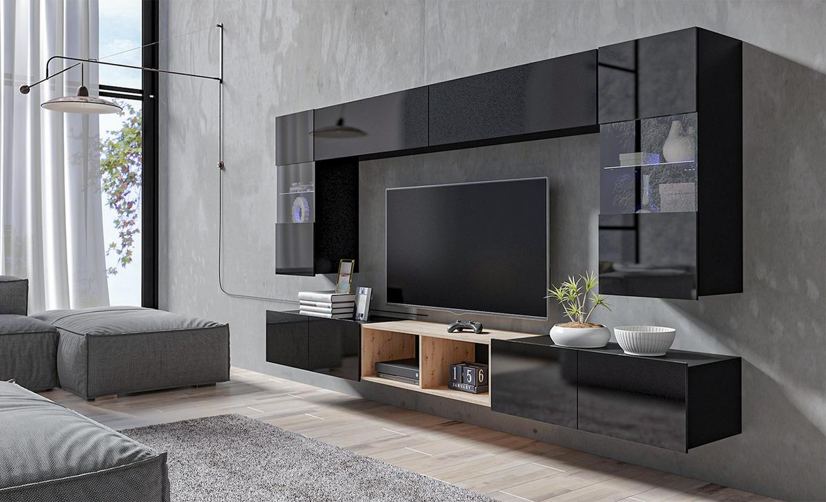 WOHNWAND Kossana 24 Modern Schwarz/Goldene Eiche 300/154/43 cm Wohnzimmermöbel - Schwarz, Holzwerkstoff/Kunststoff (300/157/43cm) - AX Living