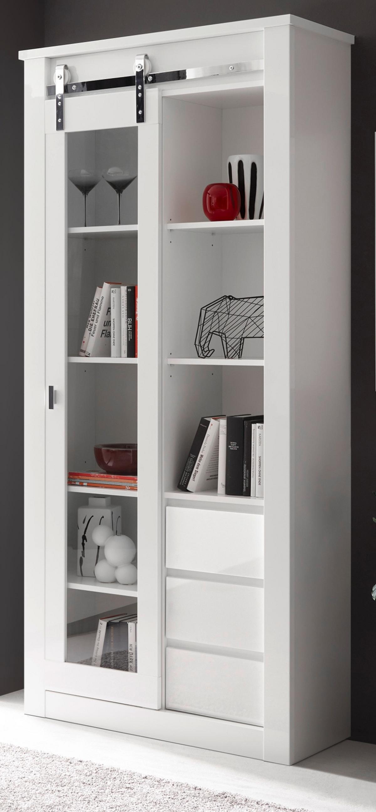 VITRINE weiß Hochglanz 93 x 201 cm, Vitrinenschrank mit Soft-Close - Chromfarben/Weiß Hochglanz, Glas/Holzwerkstoff (93/201/38cm) - Furn.Design