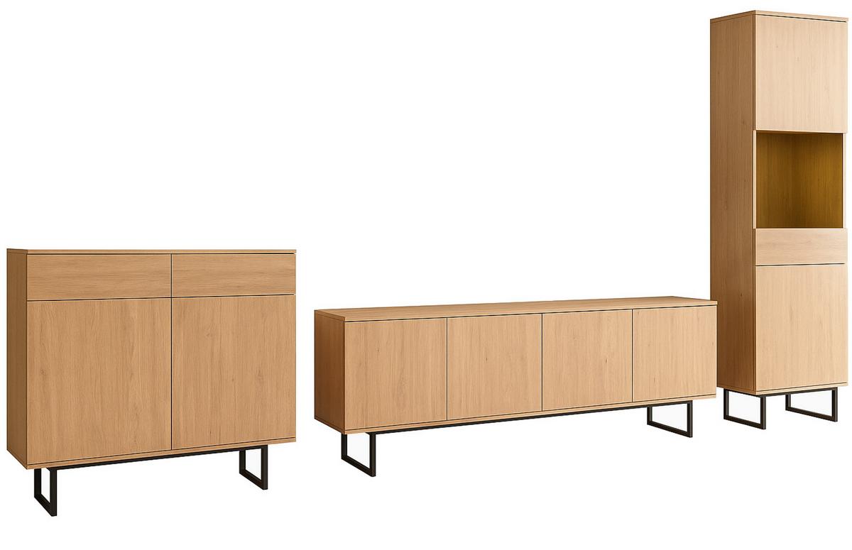 WOHNWAND Stone Eiche, Wohnkombination 3-teilig 400 cm, mit Push-to-Open - Eichefarben/Schwarz, Holzwerkstoff/Metall (400/200/40cm) - Furn.Design