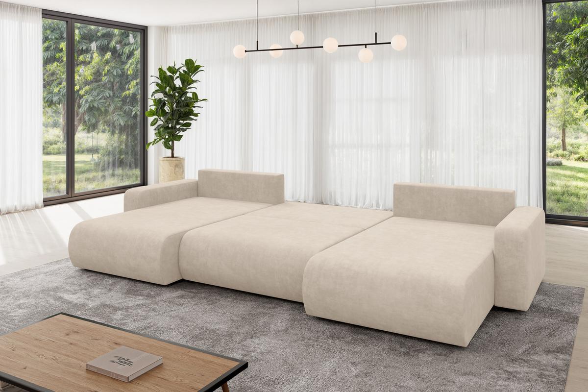 WOHNLANDSCHAFT mit Schlaffunktion und Bettkasten BERY-U 377x193x88 Beige Velours - Schwarz/Sahara, Holzwerkstoff/Kunststoff (377/88/193cm) - ALTDECOR