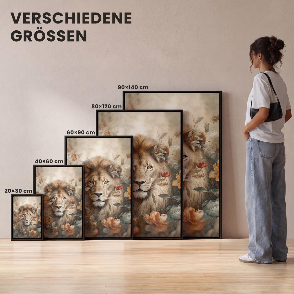 LEINWAND Bilder mit Rahmen - Löwe - Wildtiere - Pflanzen - Natur - Blumen - 20x30 - Beige, Textil (20/30cm) - MuchoWow