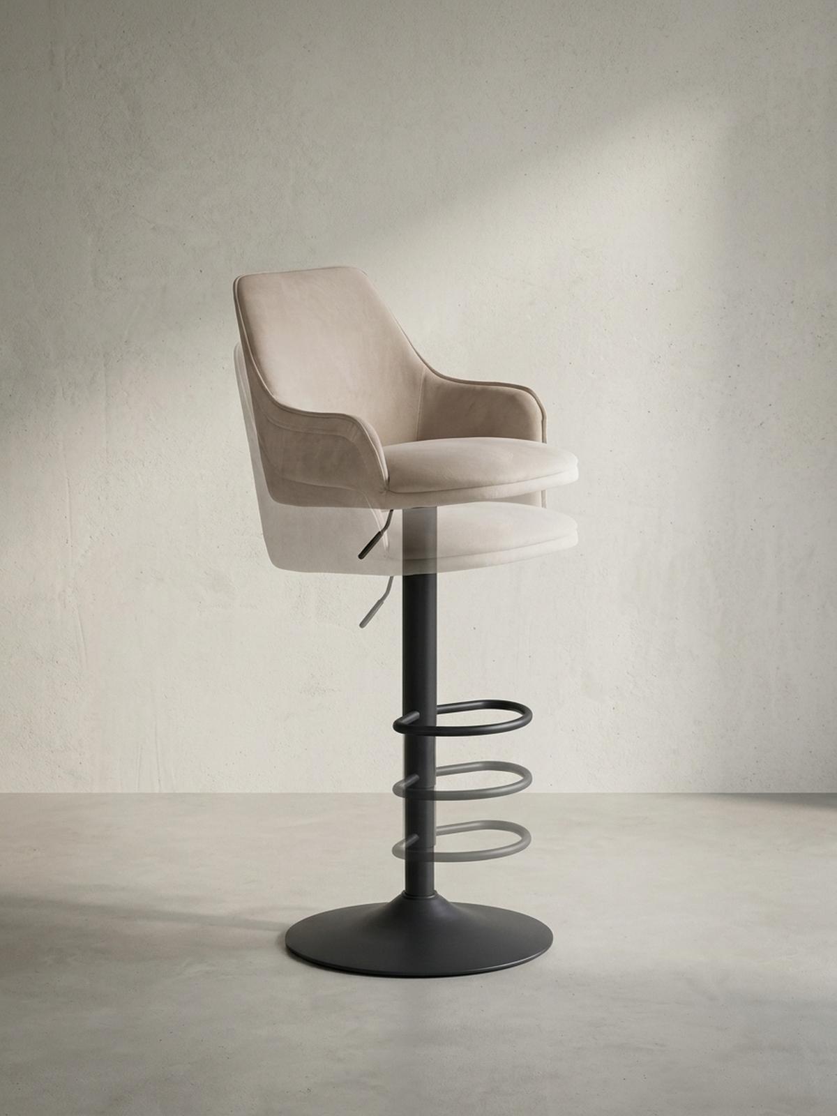 BARHOCKER Samt Lehne Höhenverstellbar Trompetenfuß Armlehne Gepolstert, Beige 45x45x106 cm - Beige/Schwarz, Textil/Metall (45/106/45cm) - KADIMA DESIGN