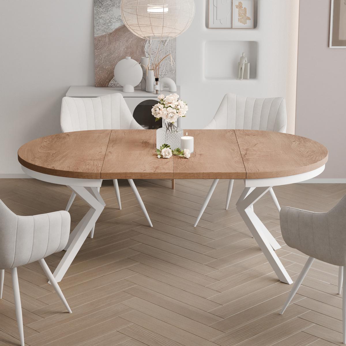 AUSZIEHTISCH MILTON 90-166/76 cm mit Metallgestell und Zarge, Weiß / Lefkas-Eiche - Eiche San Remo/Weiß, Holzwerkstoff/Metall (90/90/76cm) - Idohome