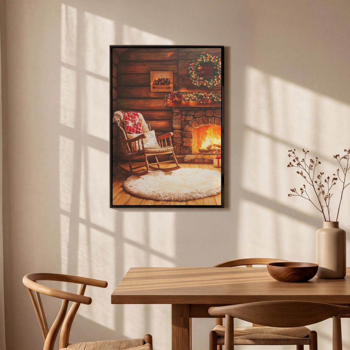 LEINWAND Bilder mit Rahmen - Winter - Weihnachten - Zuhause - Kamin - 60x90 - Bernsteinfarben, Textil (60/90cm) - MuchoWow