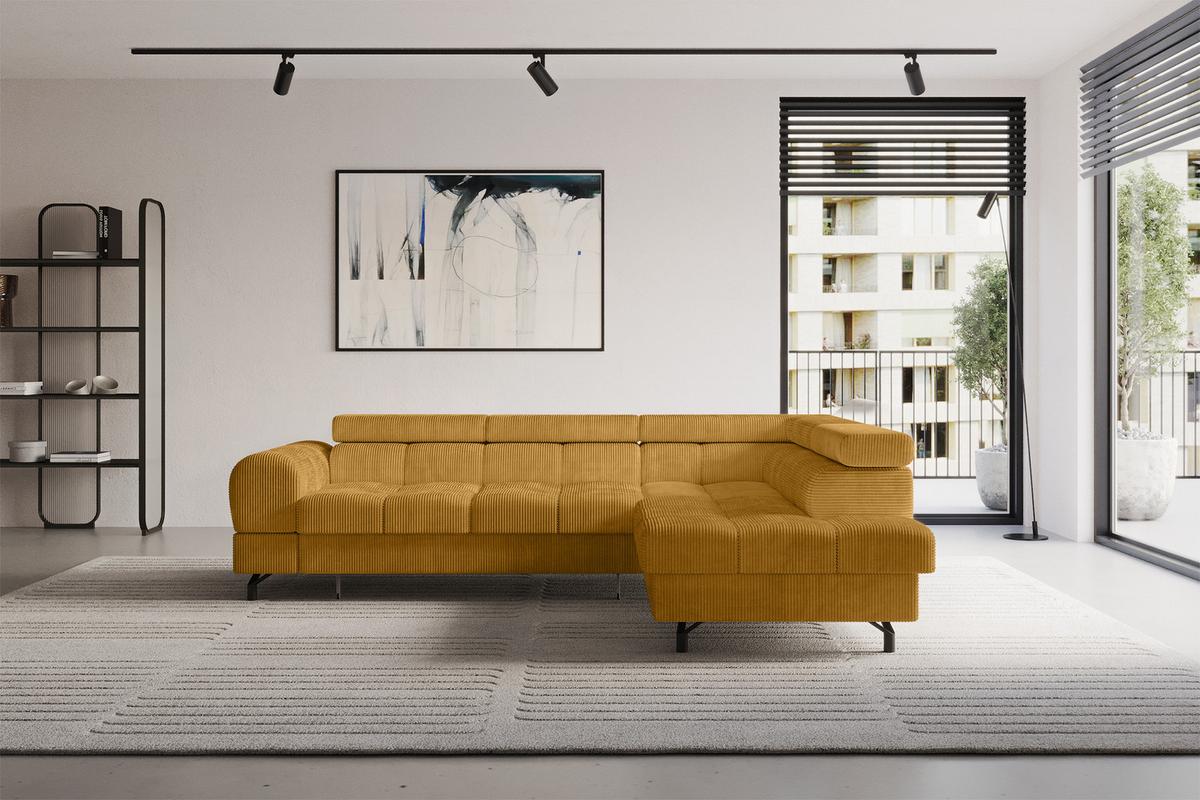 ECKSOFA mit Schlaffunktion Ottomane Rechts LUMA-L 272x203x70 Senfgelb Cord - Schwarz/Honig, Holzwerkstoff/Kunststoff (203/272cm) - ALTDECOR