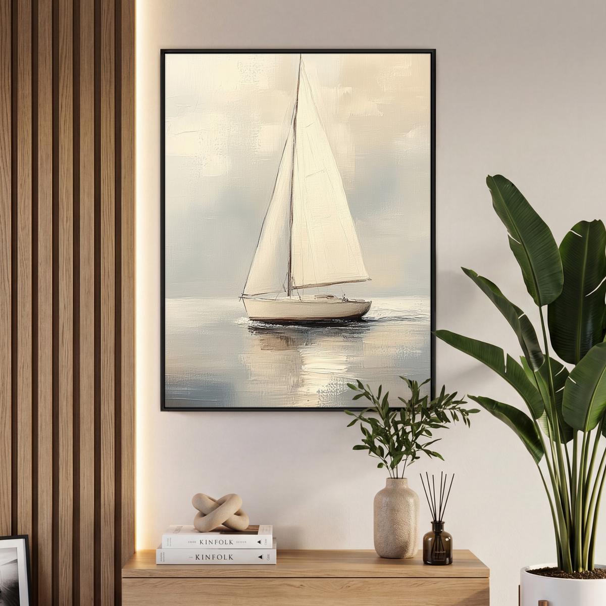 LEINWAND Bilder mit Rahmen - Segelschiff - Meer - Bewölkt - 70x100 - Creme, Textil (70/100cm) - MuchoWow