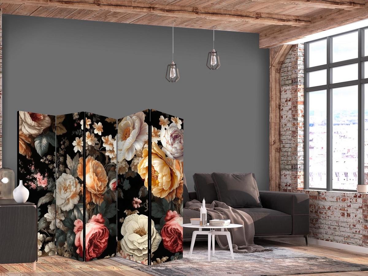 PARAVENT 5-tlg 225x172 cm Pfingstrosen im Retro - Multicolor, Holz/Textil (225/172/3cm) - Muralo