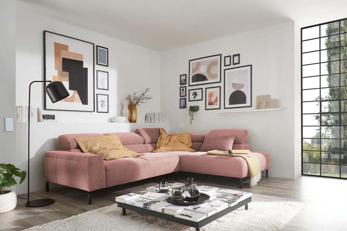 ECKSOFA MIT MOTORISCHEM SITZVORZUG DELIA Pink Cord Relaxfunktion - Schwarz/Rosa, Textil/Metall (276/219cm) - KAWOLA