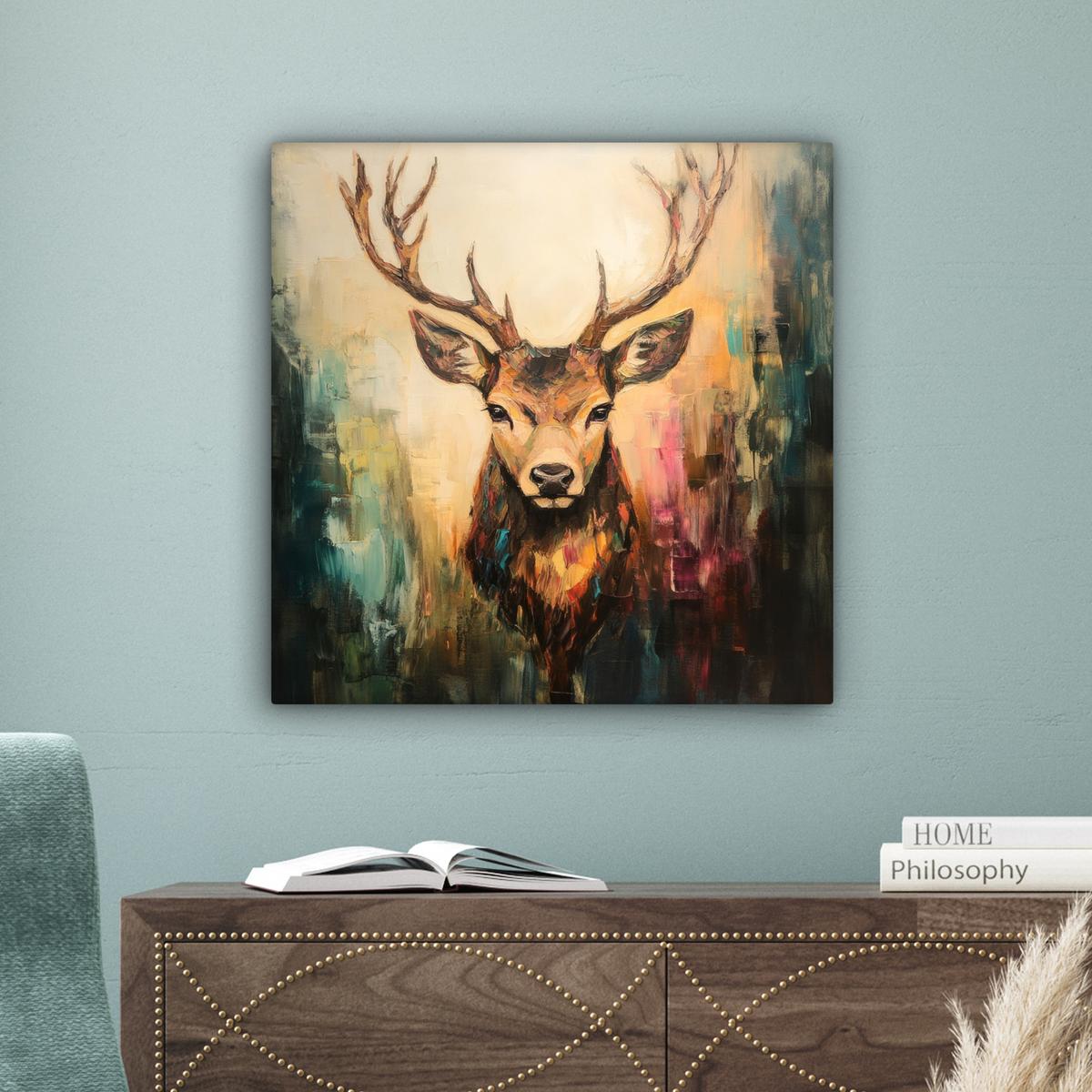 LEINWANDBILD Hirsch - Gemalt - Geweih - Braun Wandbild Wohnzimmer 50x50 cm - Haselnussfarben, Textil (50/50cm) - MuchoWow
