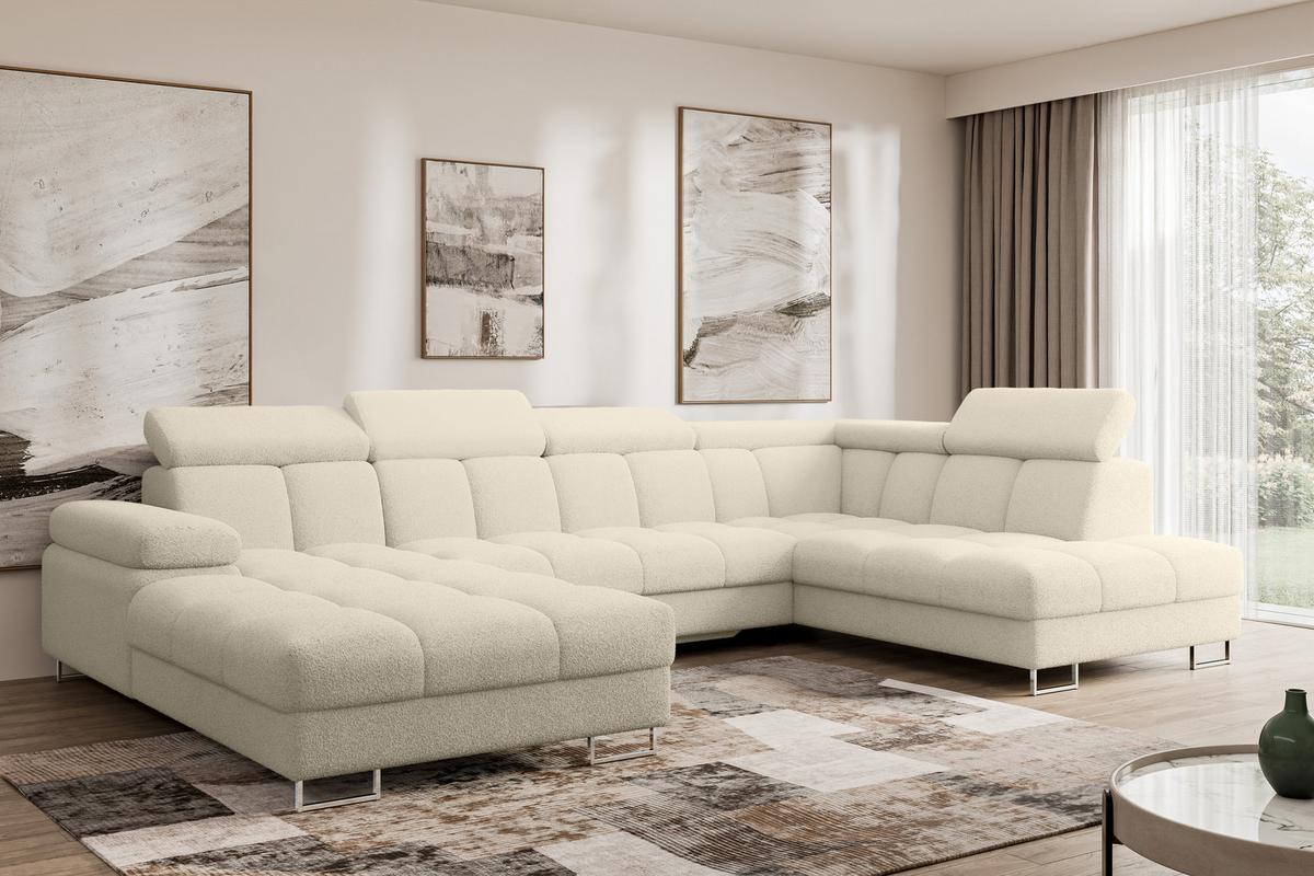 WOHNLANDSCHAFT mit Schlaffunktion und Bettkasten Ottomane RECHTS COMA U 345x203x79 Beige Bouclé - Sandfarben, Holzwerkstoff/Textil (203/79/345cm) - ALTDECOR