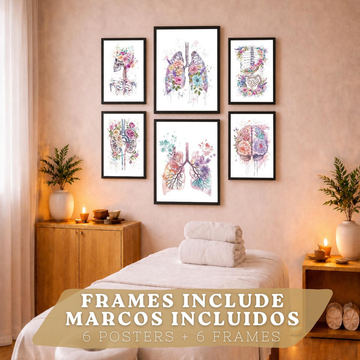 POSTER Set aus 6 Anatomie Mensch Florale Aquarell Drucke und mit Gehirn Lungen Skelett Nieren und Organen Botanische Größe Schwarzer Rahmen A3 & A4 - Schwarz, Papier (29.7/42/3cm) - Nacnic
