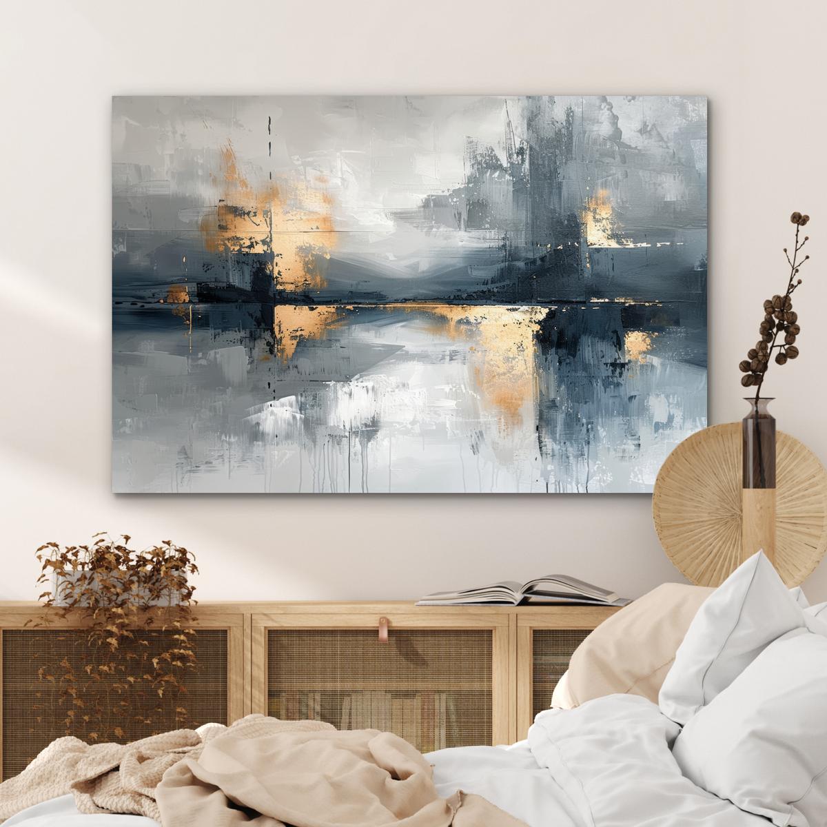 METALLBILD Kunst - Grau - Gold - Abstrakt Deko Groß 120x80 cm - Dunkelgrau, Metall (120/80cm) - MuchoWow