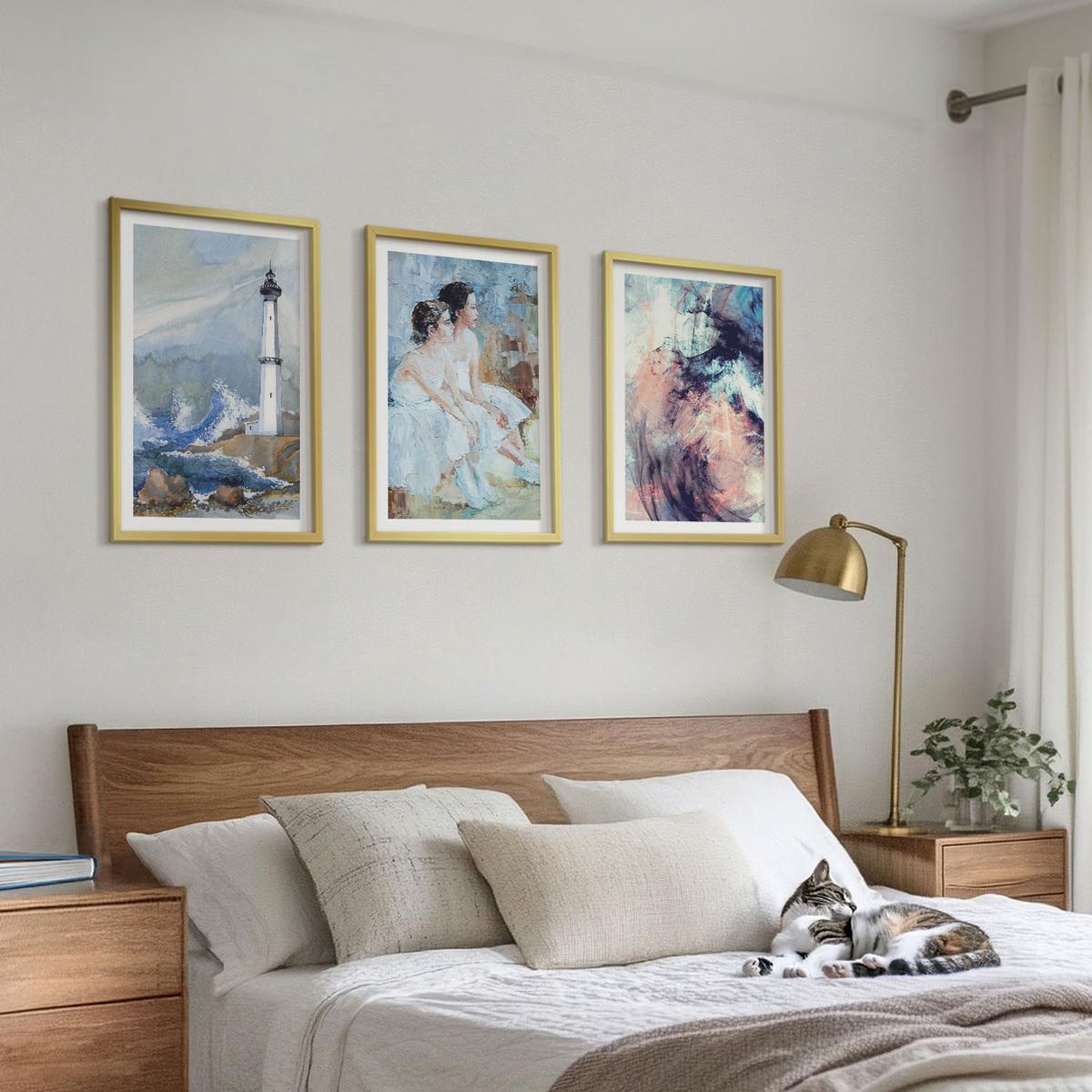 BILDER SET 3er Set - 40x60 cm Goldrahmen - Leuchtturm-Abstrakte Tänzerin - Goldfarben, Kunststoff (40/60cm) - TULUP