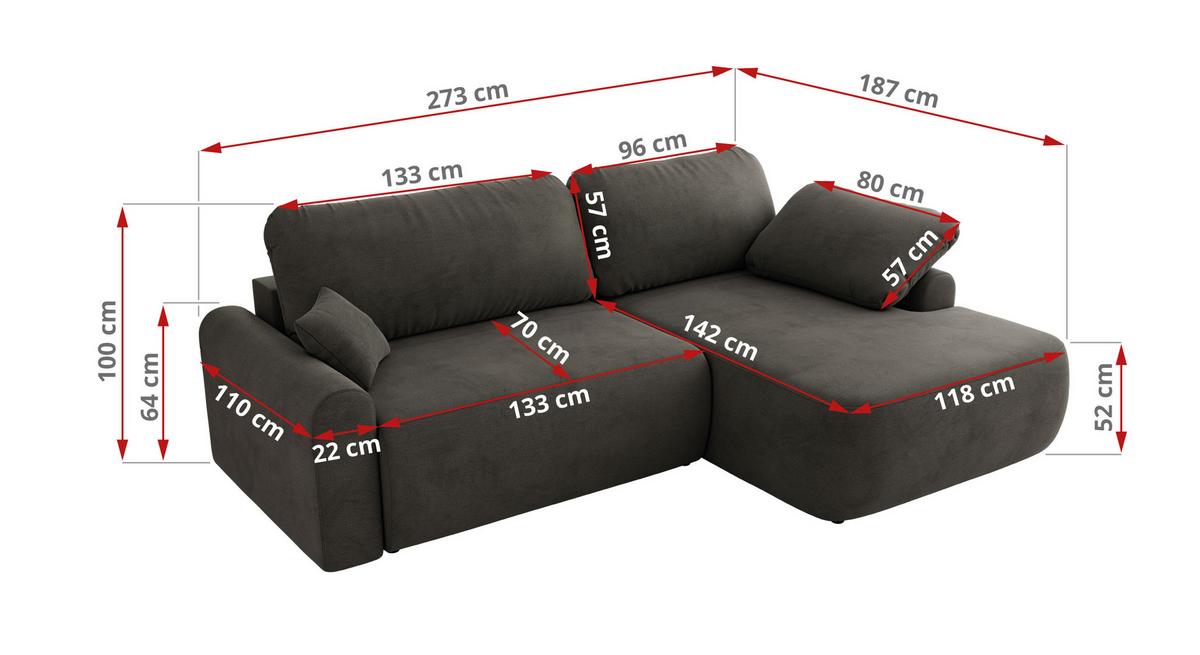ECKSCHLAFSOFA CUBO L Dunkelgrau Velvet - links - Dunkelgrau/Schwarz, Kunststoff/Textil (273/187cm) - MKS