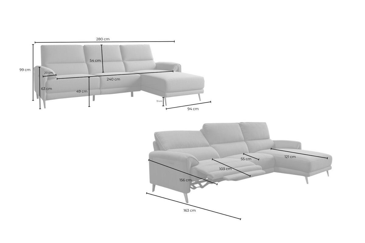 ECKSOFA ADRIANA Anthrazit Flachgewebe Relaxfunktion - Anthrazit/Schwarz, Textil/Metall (280/163cm) - KAWOLA
