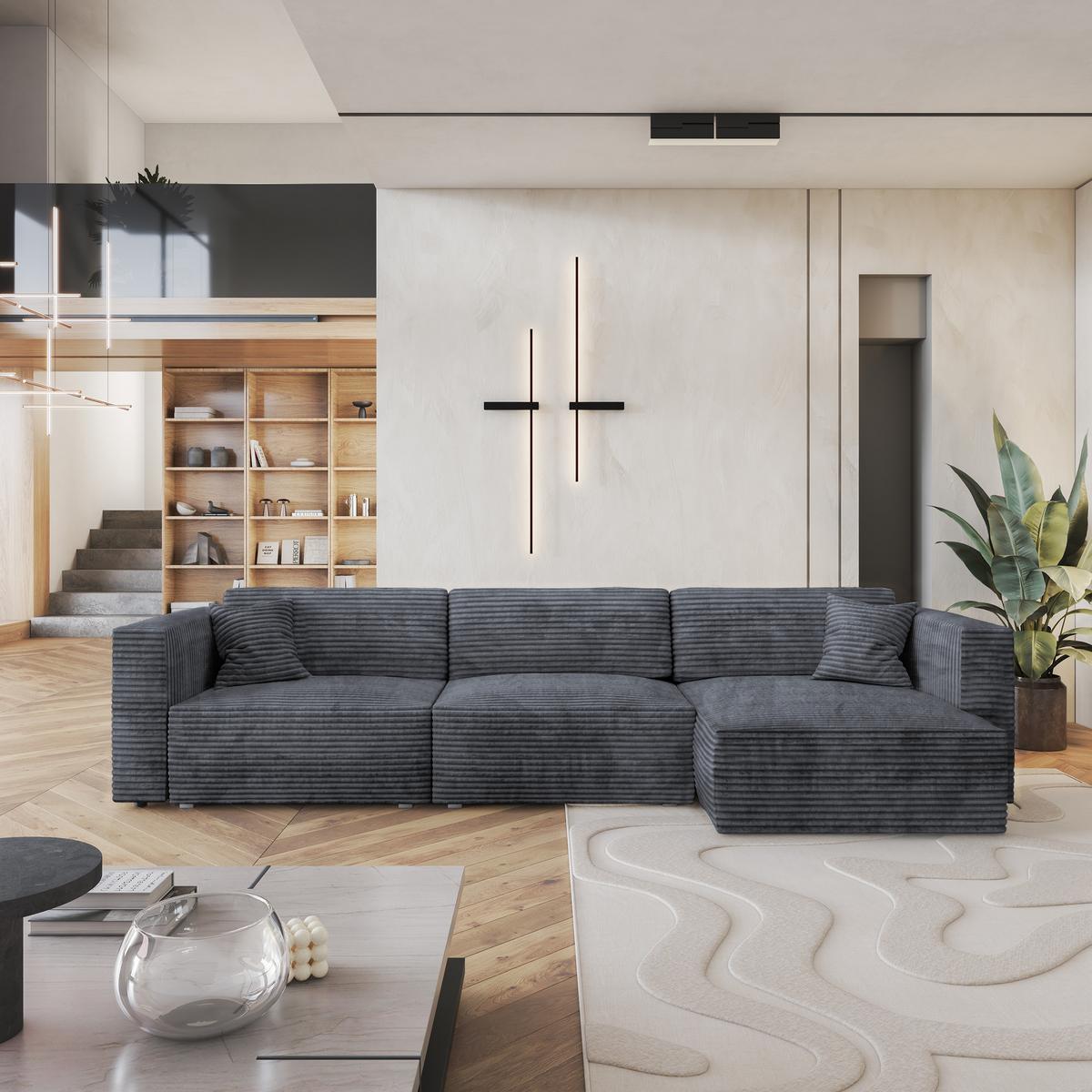 ECKSOFA TOLMO Graphitfarben Kordstoff mit Schlaffunktion - Graphitfarben/Grau, Holz/Kunststoff (347/148cm) - MASSENO