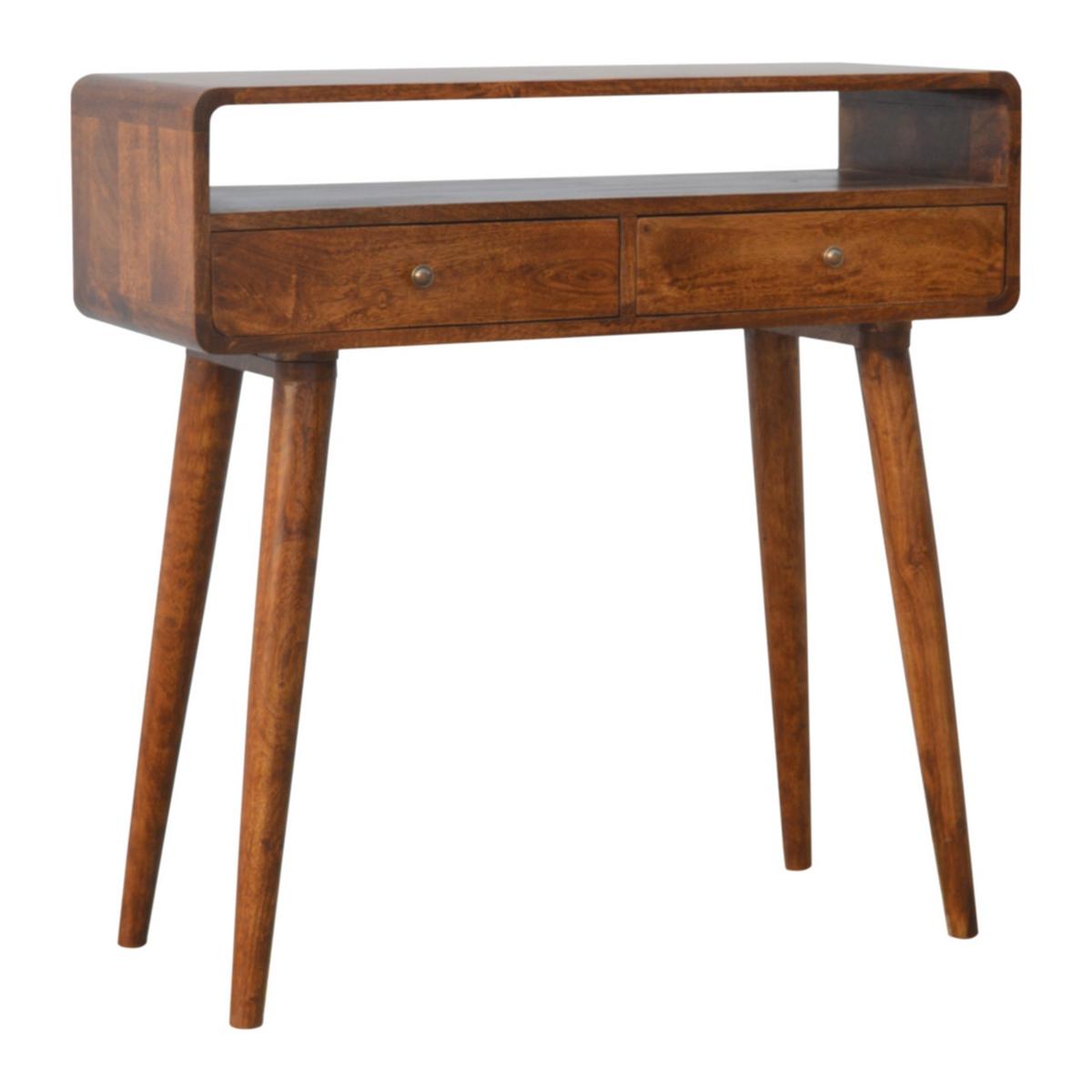 GEKRÜMMTES KONSOLENTISCH im Kastanienholz-Finish, 2 Schubladen, 1 Offenes Fach, Beine im Nordischen Stil, Braun - Messingfarben/Braun, Holz/Metall (35/90/90cm) - Artisan Furniture