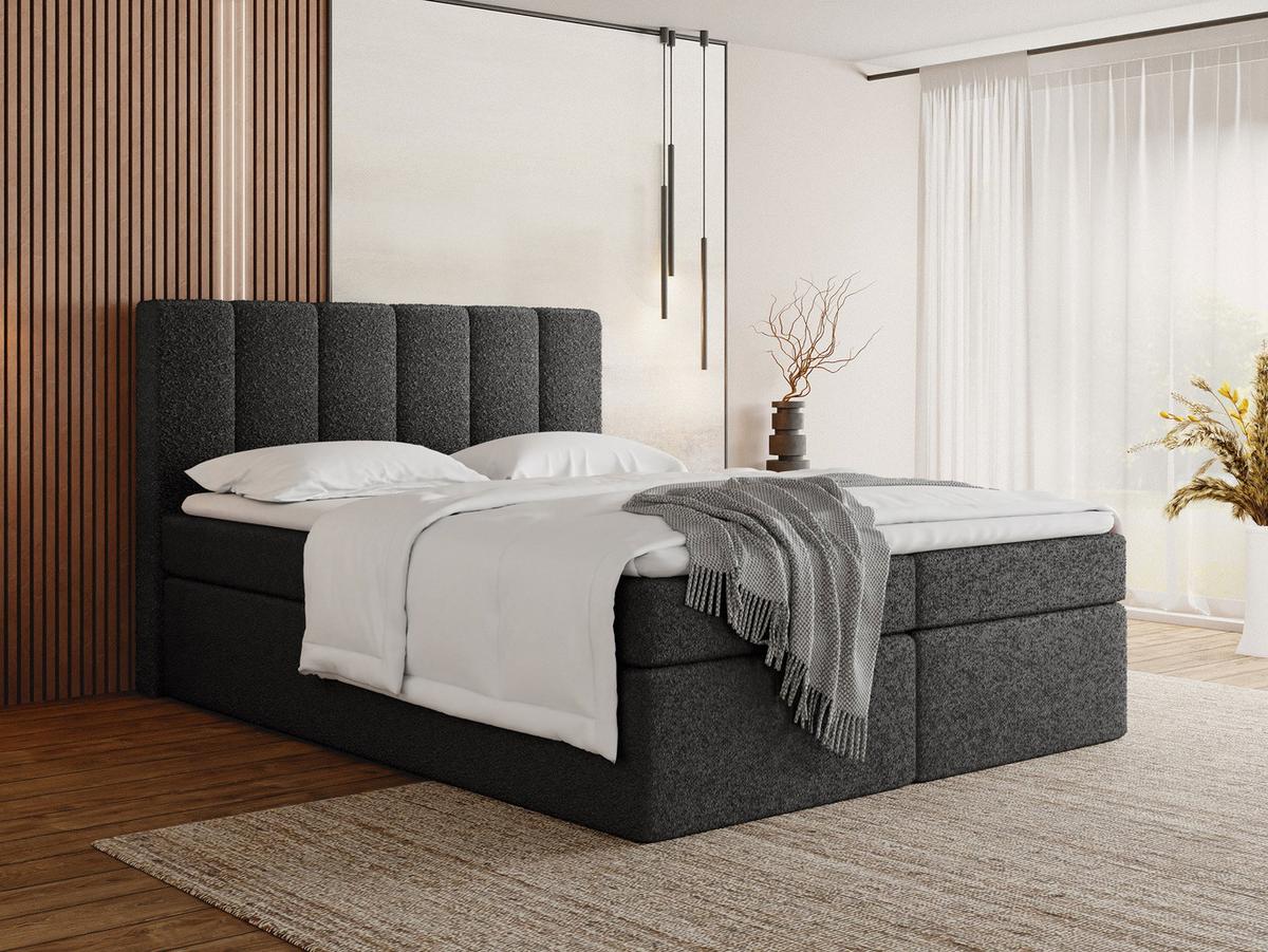 BOXBETT Amira mit Bettkasten, Boucle Schwarz 120/200 cm – 7-Zonen Taschenfederkern-Matratze & Komfortschaum-Topper - Schwarz, Holz/Holzwerkstoff (120/200cm) - WFL GROUP