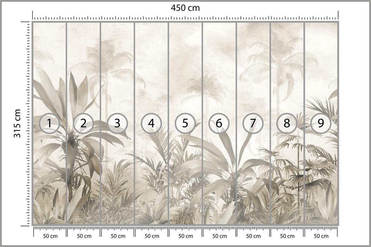 FOTOTAPETE für Wohnzimmer Vintage Tropischer Wald Palmen Blätter 450x315 - Beige/Grau, Papier (450/315cm) - Muralo