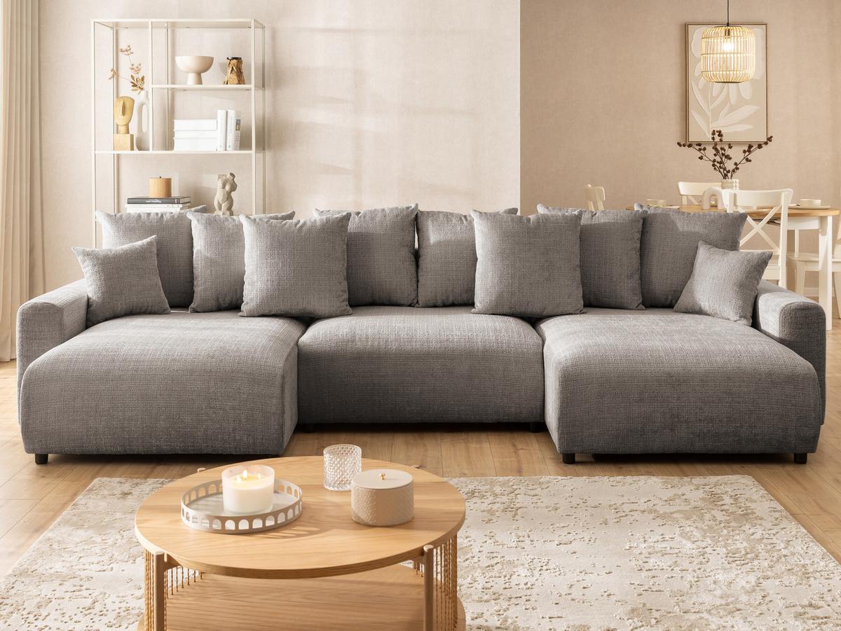 WOHNLANDSCHAFT Calma mit Schlaffunktion und Bettkasten im Bumpy-Design aus weichem Taupe Chenille-Stoff - Taupe/Schwarz, Holz/Kunststoff (336/88/140cm) - S-Style Möbel