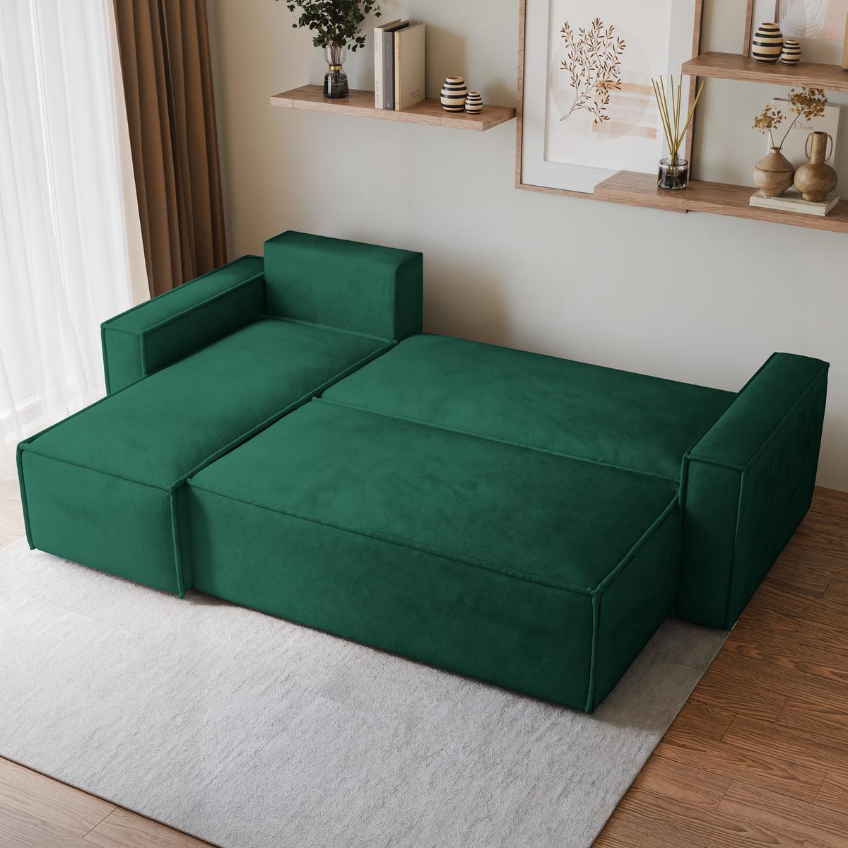 ECKSOFA RAVELO M Grün Velours-Stoff mit Schlaffunktion - Grau/Grün, Holz/Kunststoff (240/140cm) - MASSENO