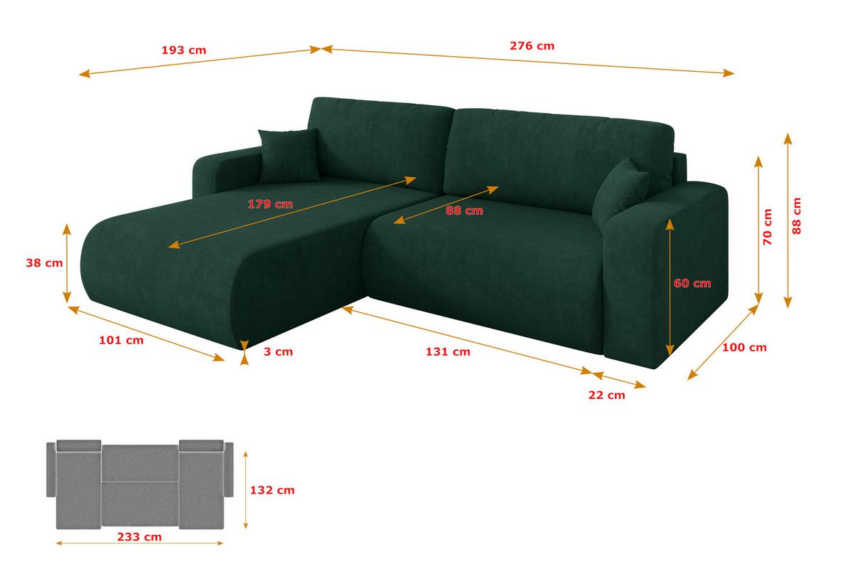 ECKSOFA mit Schlaffunktion Ottomane Links BERY-L 276x193x88 Grün Velours - Schwarz/Grün, Holzwerkstoff/Kunststoff (276/193cm) - ALTDECOR