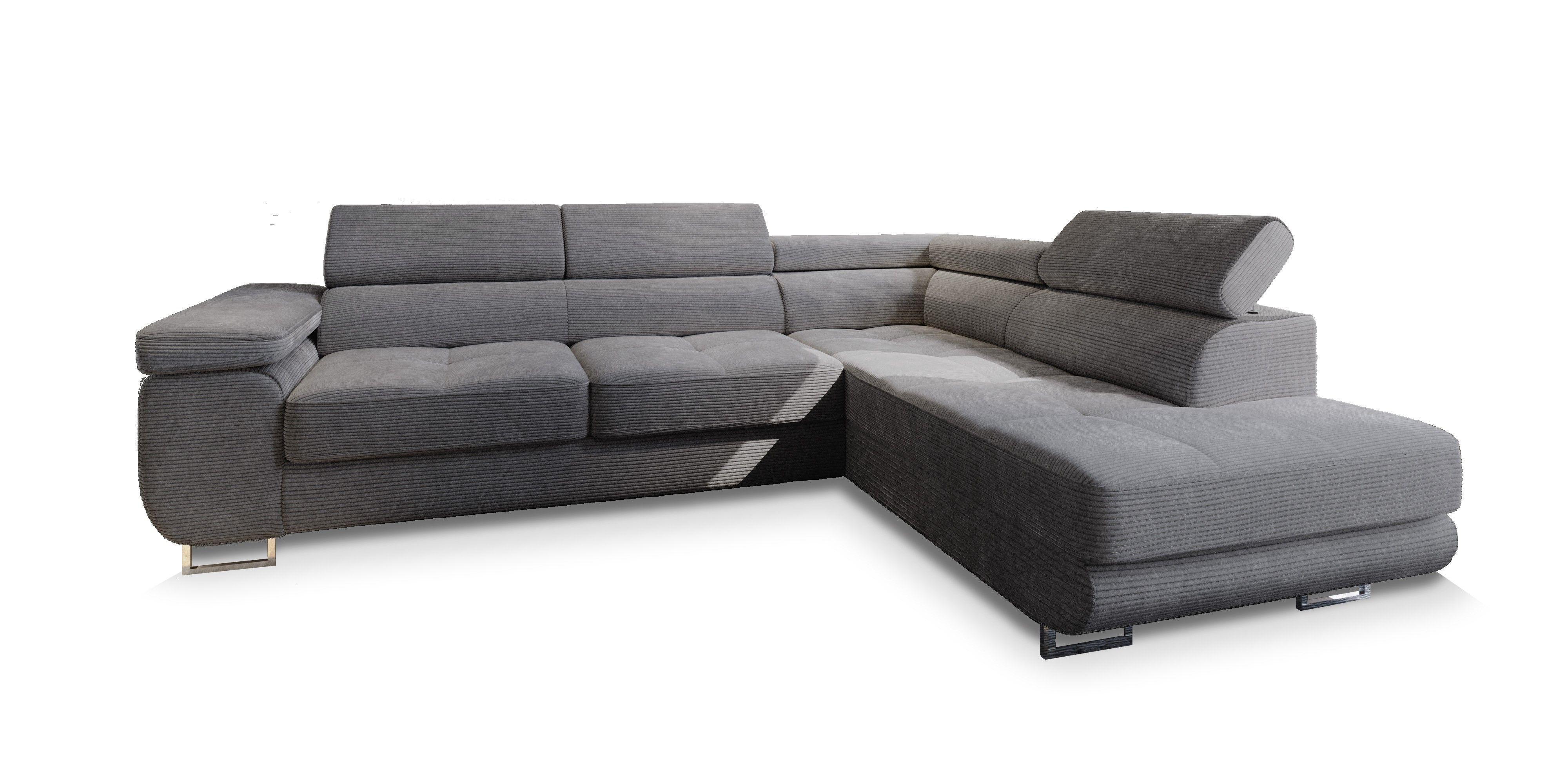 ECKSOFA APIRO R-S Graphitfarben Kordstoff mit Schlaffunktion - Silberfarben/Graphitfarben, Holz/Textil (276/202cm) - MASSENO