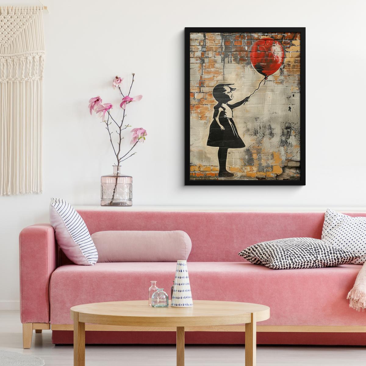 POSTER MIT RAHMENGERAHMTES BILD Graffiti - Banksy - Mädchen - Straßenkunst Posterleiste 60x80 cm - Sandfarben, Papier (60/80cm) - MuchoWow