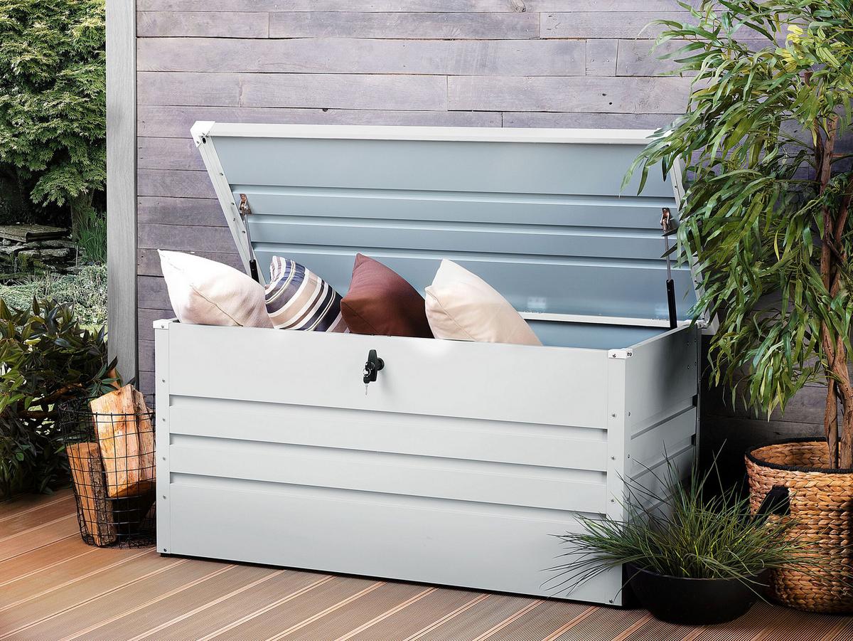 AUFLAGENBOX Stahl hellgrau 132/62 cm Cebrosa - Hellgrau, Metall (132/64/62cm) - Beliani