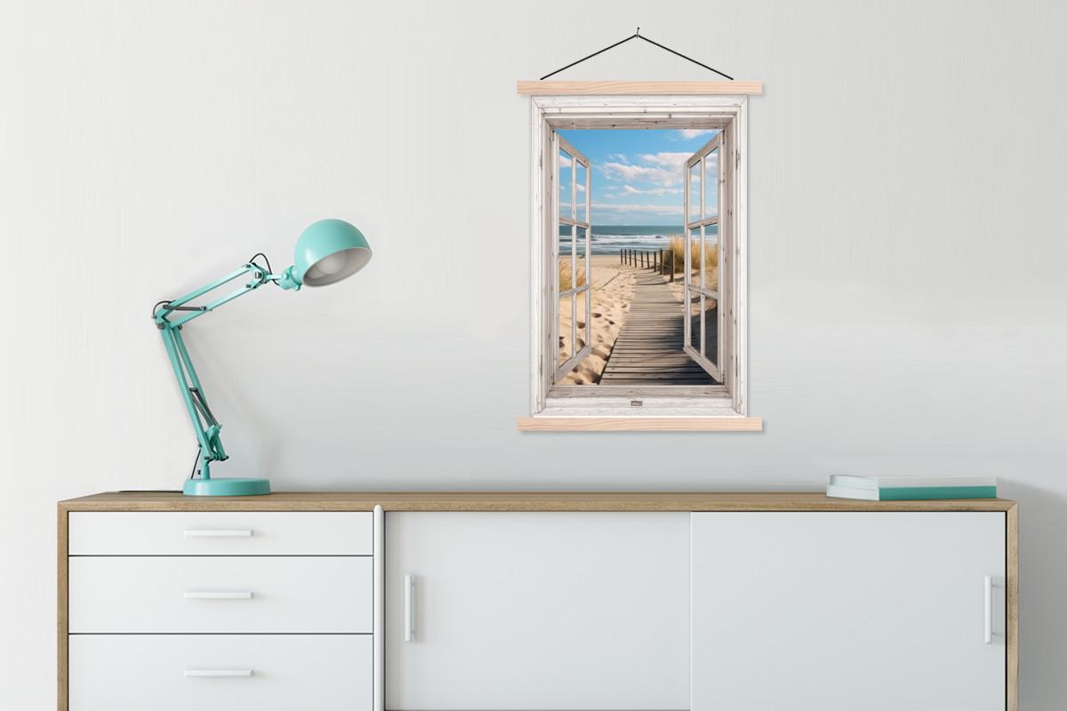 POSTER MIT MAGNETLEISTEN Fenster - Meer - Küste - Natur - Ausblick - Strand - Wattenmeer Wandbild Schlafzimmer 60x90 cm - Beige, Textil (60/90/0.15cm) - MuchoWow