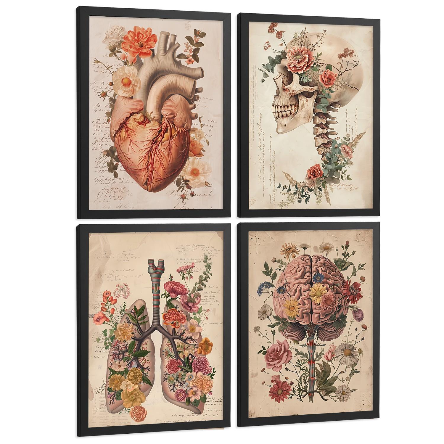 POSTER Set aus 4 Vintage Anatomie Drucke und Wandbilder mit Blumen Herz Lungen Schädel und Gehirn Wanddekoration Größe Schwarzer Rahmen A4 - Schwarz, Papier (21/29.7/3cm) - Nacnic
