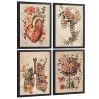 POSTER Set aus 4 Vintage Anatomie Drucke und Wandbilder mit Blumen Herz Lungen Schädel und Gehirn Wanddekoration Größe Schwarzer Rahmen A4 - Schwarz, Papier (21/29.7/3cm) - Nacnic