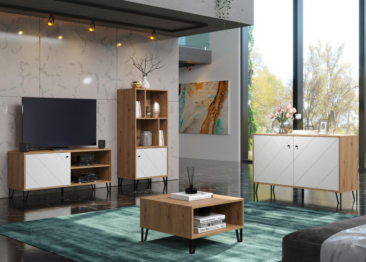TV-LOWBOARD weiß matt, Eiche Artisan 123 cm,TV-Unterteil mit moderner Rautenoptik - Eichefarben/Schwarz, Holzwerkstoff/Kunststoff (123/56/40cm) - Top.Furn