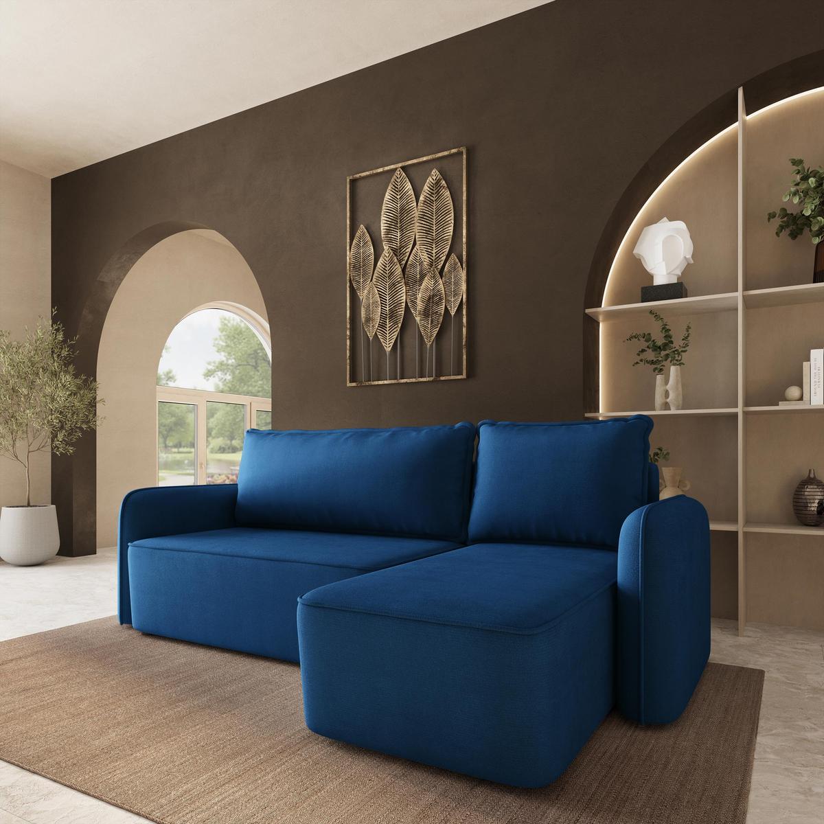 ECKSOFA DOLVER Blau Plüsch-Stoff mit Schlaffunktion - Blau, Holz (238/156cm) - MASSENO