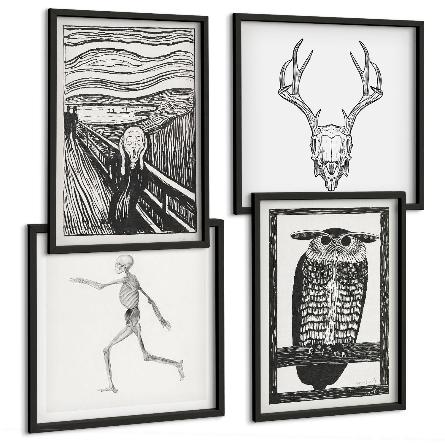 BILDER SET 4er Set - 50x50 cm & 40x60 cm Schwarzer Rahmen - Inspiration Schrei Schädel Eule - Schwarz, Kunststoff (50/50cm) - TULUP