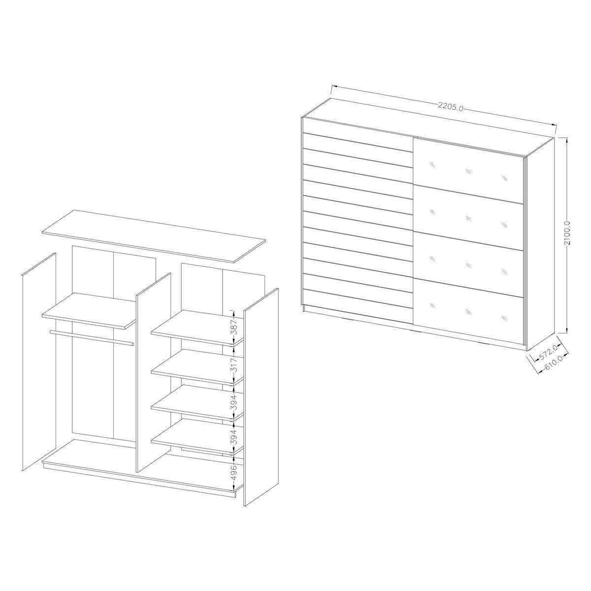 SCHWEBETÜRENSCHRANK BETTINA 221/210/61 cm 2-türig mit Spiegel Multicolor - Multicolor, Holzwerkstoff (221/210/61cm) - MASSENO