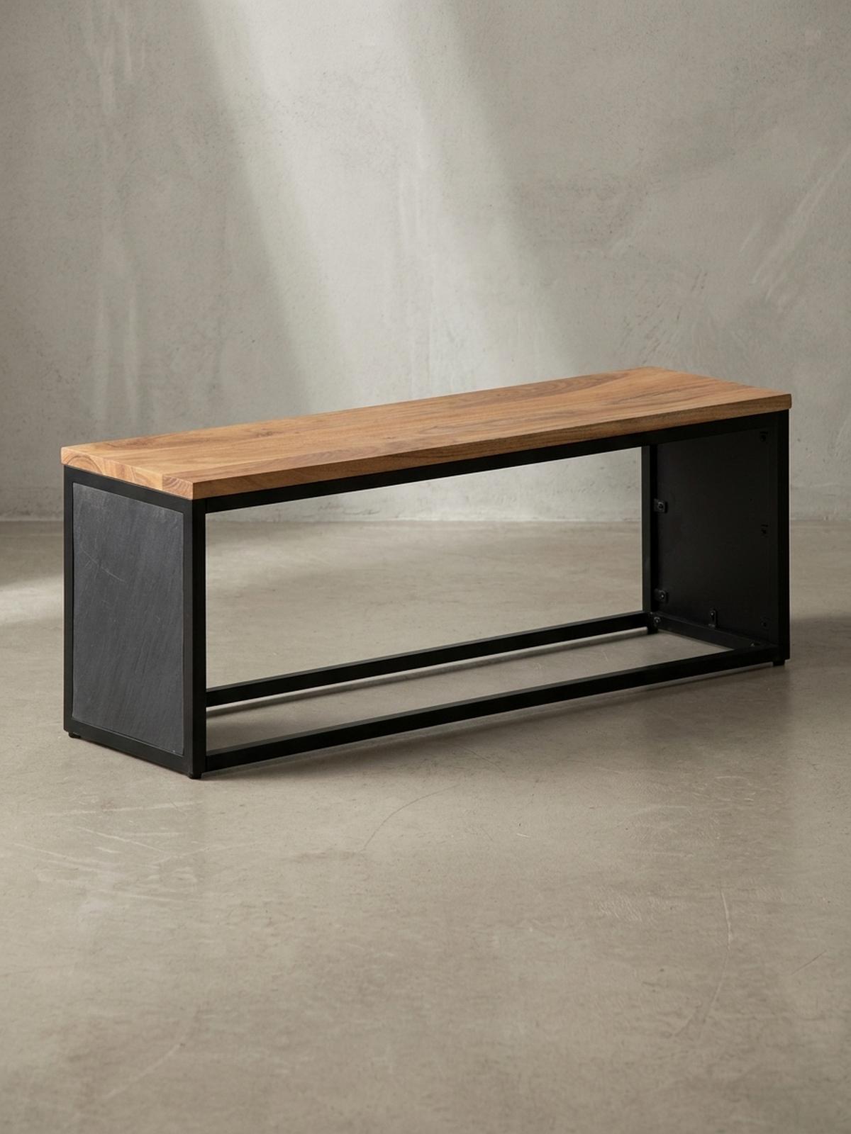 SITZBANK – Akazie Massivholz/Steinoptik, 120x45x35 cm, Metallgestell - Schwarz/Braun, Holz/Metall (120/45/35cm) - KADIMA DESIGN