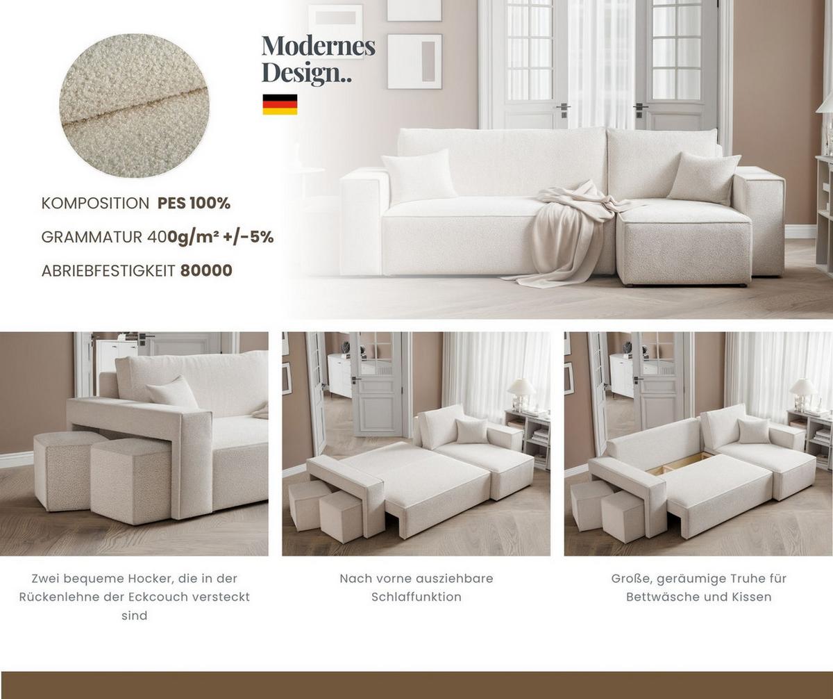 ECKSOFA PARIS mit Schlaffunktion und Bettkasten Creme - Weiß, Kunststoff/Textil (262/145cm) - Idohome