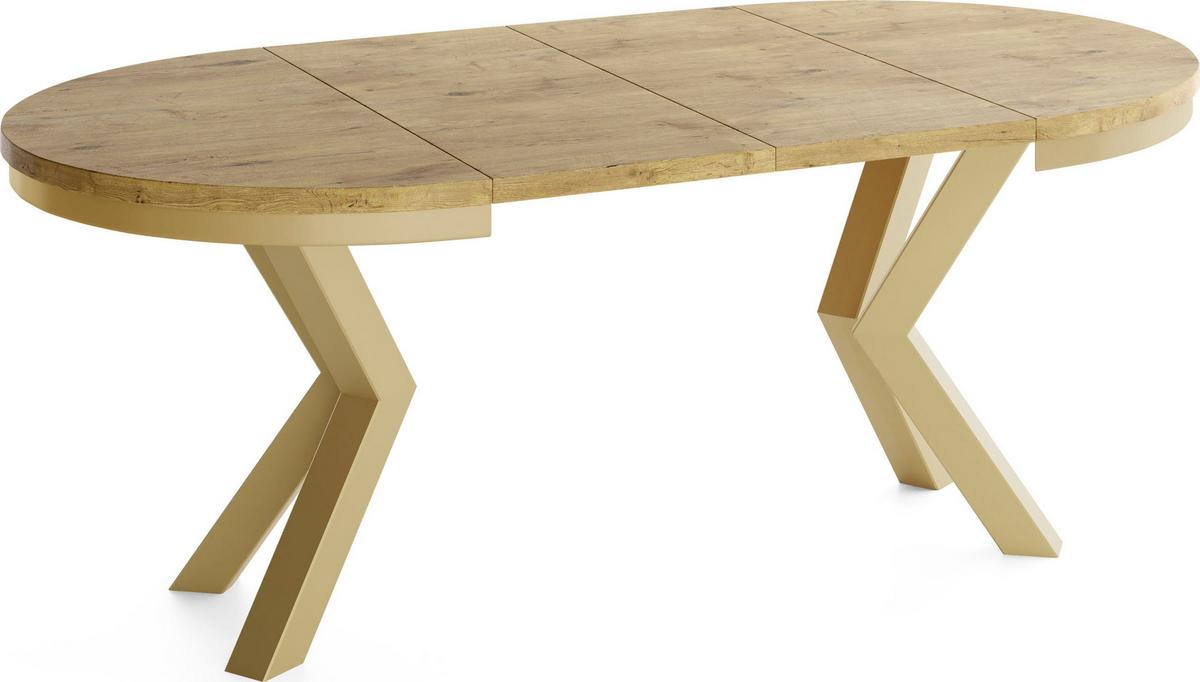 ESSTISCH Clara Gold runder ausziehbarer, Lancelot Eiche 120-200/120/76 cm - Eichefarben/Goldfarben, Holzwerkstoff/Metall (120/196/76cm) - WFL GROUP